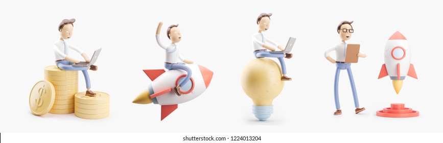  Set Of 3d Illustrations. Cartoon Character Flies On A Rocket Into Space. Concept Of Creativity Ind Startup.