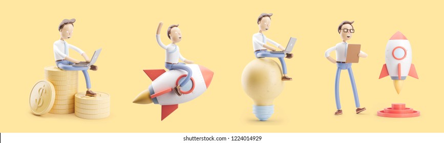  Set Of 3d Illustrations. Cartoon Character Flies On A Rocket Into Space. Concept Of Creativity Ind Startup.