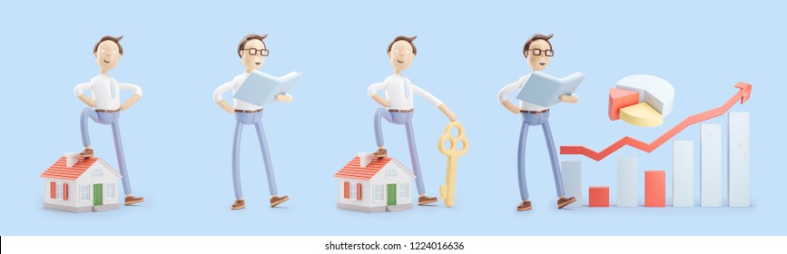 Set Of 3d Illustrations. Cartoon Character Stands With A Book, Small House, Key And Infographics.