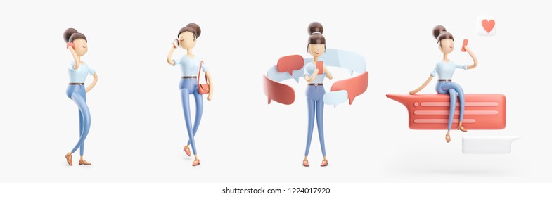  set of 3d illustrations. cartoon character is sending a message and  talking on the phone. - Powered by Shutterstock