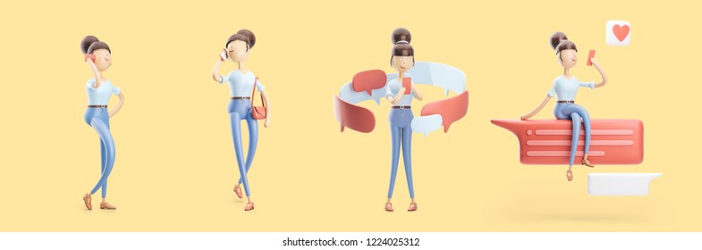  Set Of 3d Illustrations. Cartoon Character Is Sending A Message And  Talking On The Phone.