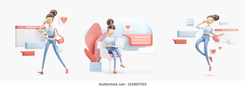 Set Of 3d Illustrations. Cartoon Character Sitting On A Bubble Talk. Social Media Concept. 