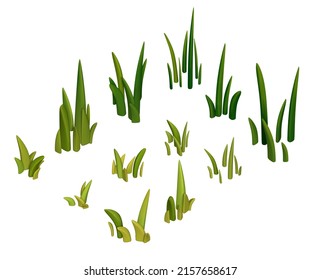 A set of 3d illustrations of stylized green grass. Objects isolated on white background for games, icons, design.