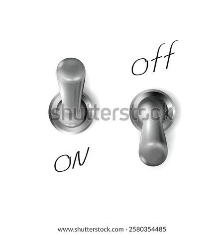 Set 3d metal toggle switches, realistic chrome objects. The On and off. Silver or steel switcher design.  illustration .