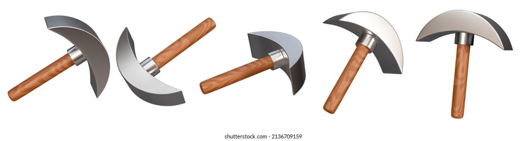 Set Of 3d Mining Tool Icon Isolated On A White Background. 5 Different Angle Realistic Pick Axe Icons. 3d Rendering.