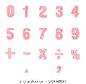 Set Of 3D Numbers And Mathematical Symbols , Glass Texture, Pink Color, 3D Rendering.