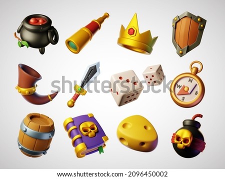 Set of 3d objects and symbols for the game. Elements of protection and restoration of health, auxiliary items. Collection of 3d render icons for an application or game interface.