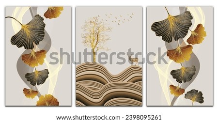 set of 3d paint art mural modern wall frame. golden, black feathers, leaves, tree and deer on brown wavy shapes and light background.  artwork wall poster art decoration