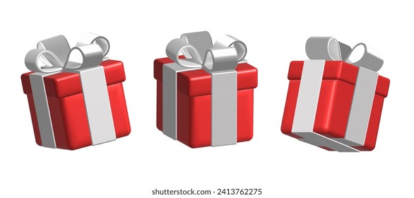 Set of 3d red gift boxes with cute bow. Festive holiday design element for birthday, valentine, wedding, advertising banner of sale and other life events. 3d render illustration isolated background.