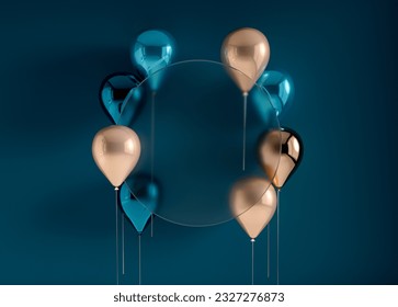 Set of 3d render flying balloons on stick. Dark blue and gold background with round transparent glass frame. Empty space for product show, birthday text, holiday congratulation social media banners. 