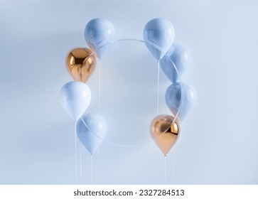 Set of 3d render flying balloons on stick. Pastel blue and gold  background with round transparent glass frame. Empty space for product show, birthday text, holiday congratulation social media banners