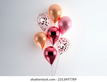 Set of 3d render isolated balloons on ribbons. Realistic decoration background for birthday, anniversary, wedding, holiday, promotion banners. Pink and gold glitter color composition. - Powered by Shutterstock