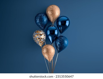 Set of 3d render isolated balloons on ribbons. Realistic decoration background for birthday, anniversary, wedding, holiday, promotion banners. Dark blue and gold glitter color composition. - Powered by Shutterstock