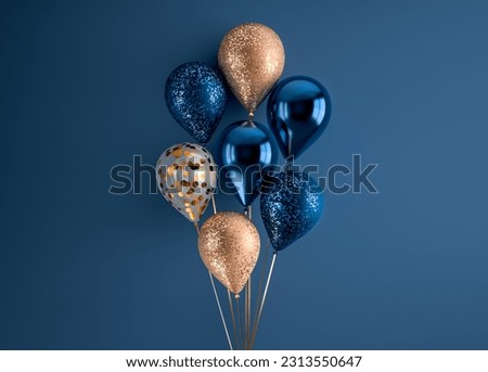 Set of 3d render isolated balloons on ribbons. Realistic decoration background for birthday, anniversary, wedding, holiday, promotion banners. Dark blue and gold glitter color composition.