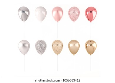 Set of 3D render pink, silver and golden balloons isolated on white background. Trendy realistic design 3d elements in pastel colors for birthday, presentation, promo, party or other events.