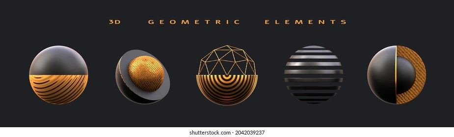 Set of 3d render primitives. Realistic geometric gold and black shapes on dark background. Elements for design. Isolated objects close up. 3d 3d illustration