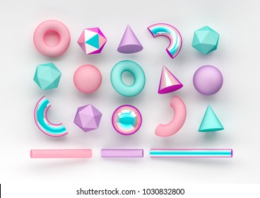 Set of 3d render realistic primitives on white background. Isolated graphic  elements. Spheres, torus, tubes, cones and other geometric shapes in pink, holographic glass colors for trendy designs. 