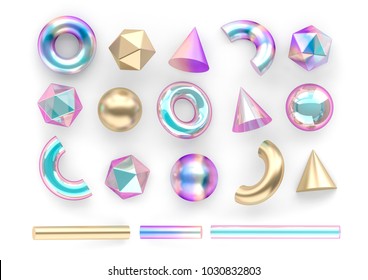Set of 3d render realistic primitives on white background. Isolated graphic  elements. Spheres, torus, tubes, cones and other geometric shapes in gold, holographic glass colors for trendy designs. 