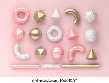 Set of 3d render realistic primitives on pink background. Isolated graphic elements. Spheres, torus, tubes, cones and other geometric shapes in golden metallic and white colors for trendy designs.