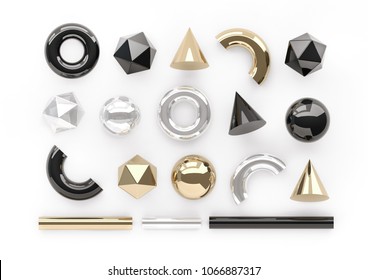 Set of 3d render realistic primitives on white background. Isolated graphic elements. Spheres, torus, tubes, cones and other geometric shapes in golden, silver and black colors for trendy designs.