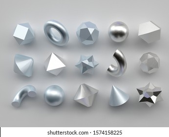 Set Of 3d Render Realistic Primitives On White Background. Isolated Graphic Elements. Spheres, Torus, Tubes, Cones And Other Geometric Shapes In Silver Metallic Colors For Trendy Designs.