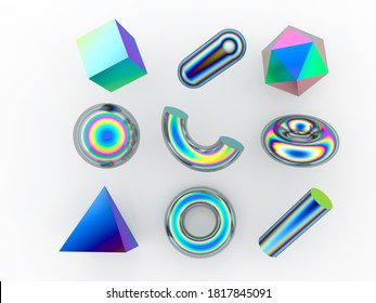 Set 3d render realistic primitives white background  Isolated graphic element: sphere  torus  cube  icosahedron   other geometric shapes in holographic rainbow colors 