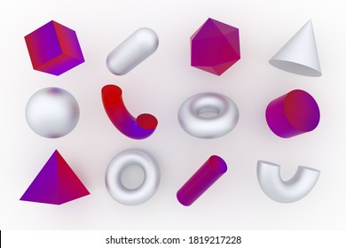 Set of 3d render realistic primitives on white background. Isolated graphic elements: sphere, torus, cube, icosahedron and other geometric shapes in silver color for trendy designs.