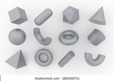 Set of 3d render realistic primitives on white background. Isolated graphic elements: sphere, torus, cube, icosahedron and other geometric shapes made of silver or iron.