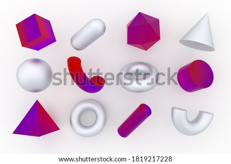 Set of 3d render realistic primitives on white background. Isolated graphic elements: sphere, torus, cube, icosahedron and other geometric shapes in silver color for trendy designs.