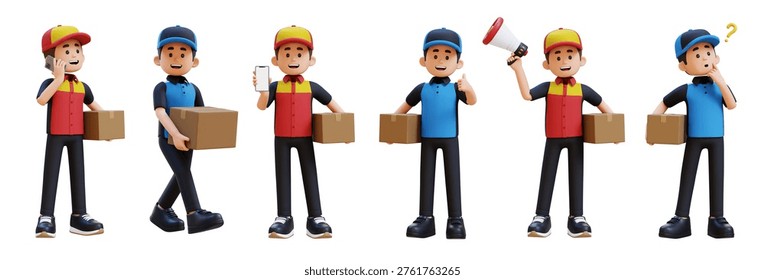 A set of 3D rendered characters portraying delivery personnel in various poses. holding packages and interacting with devices