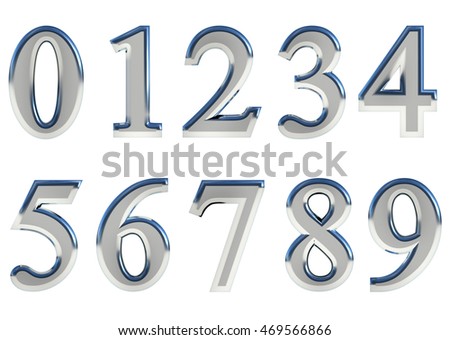 Set of 3D rendered numbers, 0-9. Silver glossy color on white background for easy use.