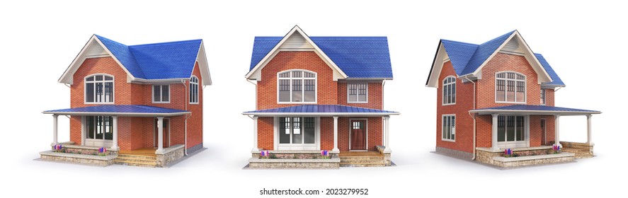 Set of 3d rendering brick houses isolation on a white. 3d illustration