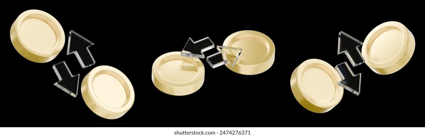 Set of 3D rendering Metallic Gold coins with glassy arrows up and down isolated on a black background. Currency exchange. Gold coins for online banking, stock market investment, exchange trading.