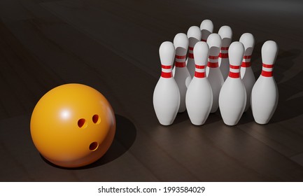 Set Of 3d Rendering Orange Bowling Ball And Ten Pins Put On Wooden Ground. 3d Illustration