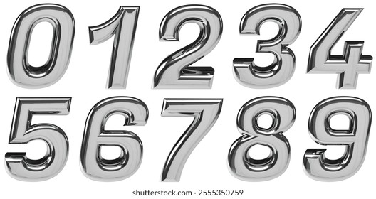 set of 3d rendering silver chrome number	
