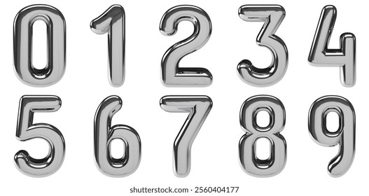 set of 3d rendering silver chrome number	
