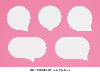 Set of 3D speech bubble icons isolated on pink background. Empty text bubbles in various shapes. Social media chat message icon, comment, dialogue balloon. 3D pastel icon set. 3D Illustration