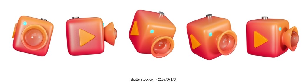 Set Of 3d Video Camera  Icon Isolated On A White Background. 5 Different Angle Cam Recorder Icons. 3d Rendering.