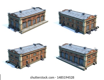 Set of 3d-renders of old industrial building