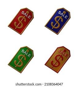 A Set Of 4 - 3D Rendered Illustrations Of Sale Signs In Gold, Red, Blue, And Green Metallic Finish, Isolated On A White Background.