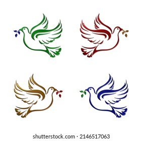 A Set Of 4 - 3D Rendered Illustrations Of Peace Doves In Green, Red, Gold And Blue Metallic Texture Finish, Isolated On A White Background.