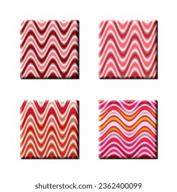 Set of 4 - 3D rendered illustrations - Square buttons with pink coloured sinewave patterns, isolated on a white background.