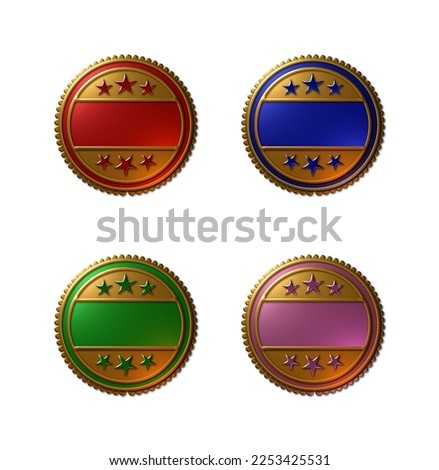 A set of 4 - 3D rendered illustrations of blank seals with stars in a metallic textured finish, isolated on a white background.