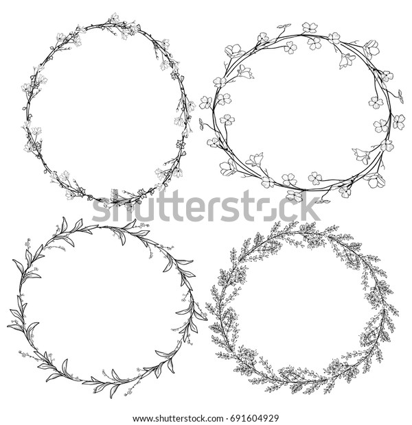 Set of 4 Black Doodle Hand Drawn\
Decorative Outlined Wreaths with Branches, Herbs, Plants, Leaves\
and Flowers, Florals. Illustration. Frames,\
Circles