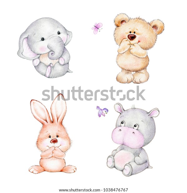 4種類のかわいい赤ちゃん動物のセット ゾウ クマ バニー カバ のイラスト素材 1038476767