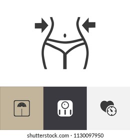 Set Of 4 Editable Lifestyle Icons. Includes Symbols Such As Scales, Weight Lose, Heart Time And More. Can Be Used For Web, Mobile, UI And Infographic Design.