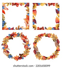 Set Of 4 Elements, Frames And Wreathes With Red, Yellow, Orange Fall Leaves And Berries, Round And Square Borders For Instagram Posts And Logos 