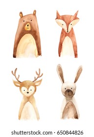 Set Of 4 Forest Animals Hand Painted In Watercolor