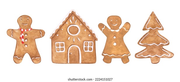 Set of 4 Gingerbread clipart. Watercolor gingerbread cookies isolated on a white background. Holiday illustration. Cute Christmas gingerbread man, house, and tree with icing decoration. - Shutterstock ID 2224151027