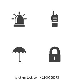 Set of 4 procuring icons set. Collection of padlock, walkie-talkie, alarm and other elements.